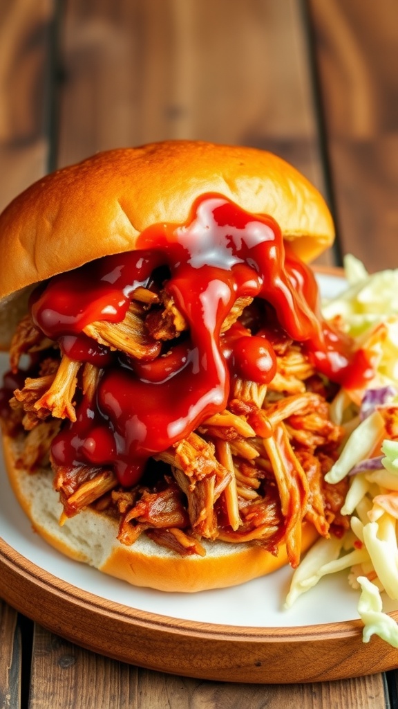 BBQ pulled pork sandwich with coleslaw on a rustic wooden table.